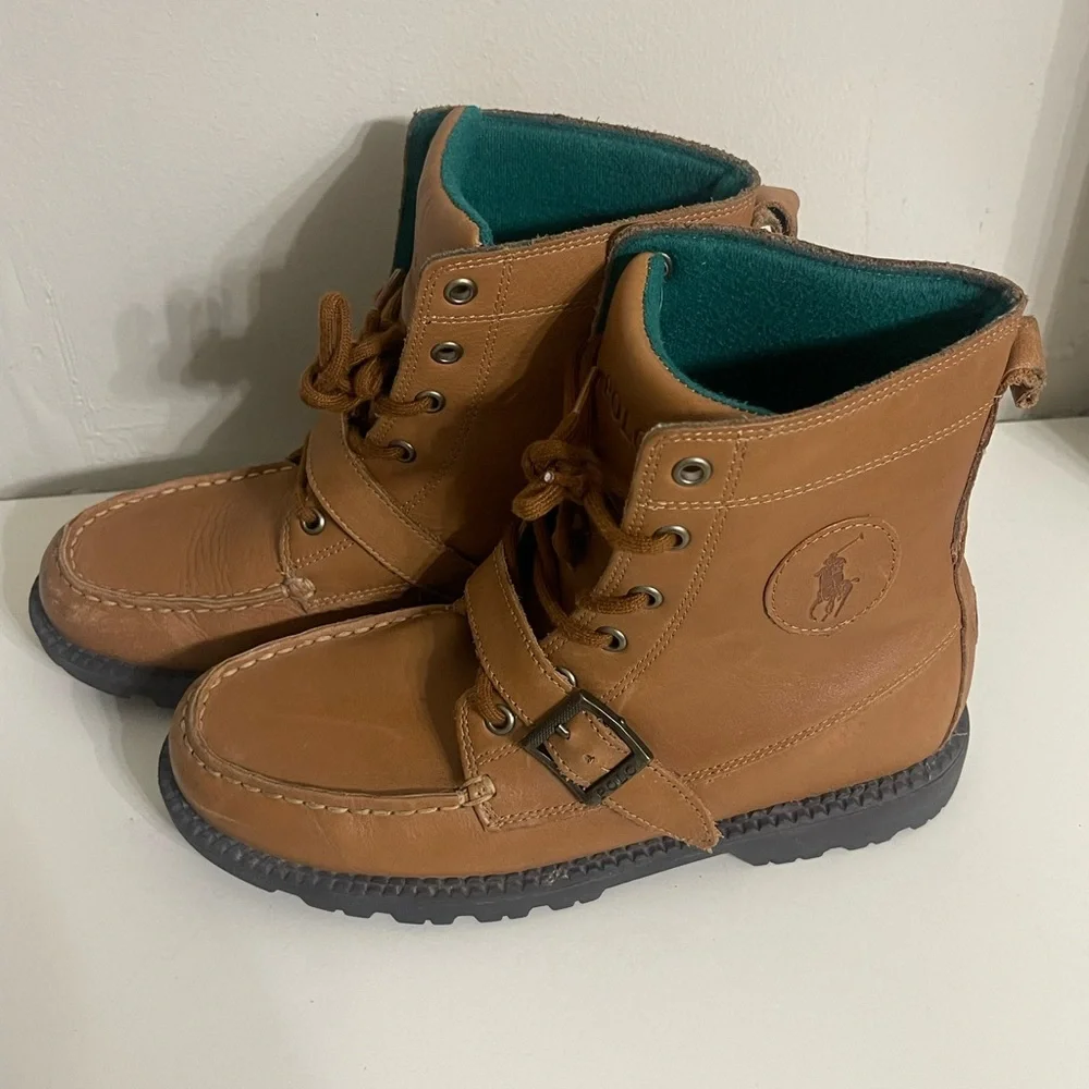 Ralph Lauren Tan Leather Ranger Buckled Lace up‎ Boots with Teal Lining Size 6